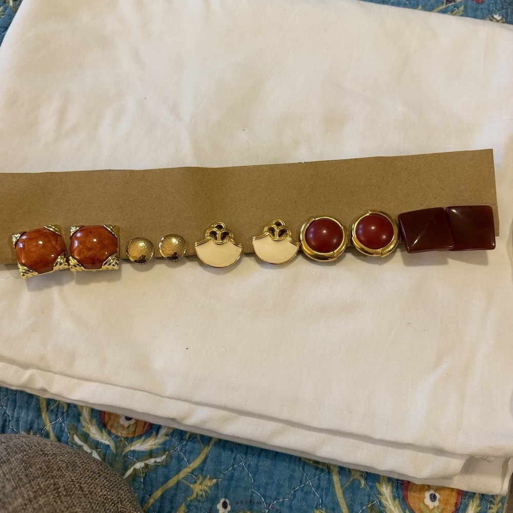 Lot of 5 Pairs Vintage Clip On Earrings Monet Gold Tone Red Orange Enamel Resin